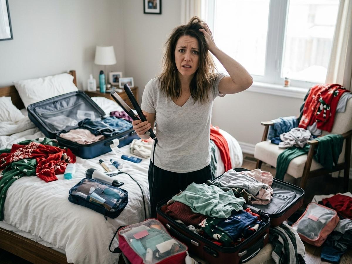 A stressed woman surrounded by overstuffed suitcases and wrinkled clothes