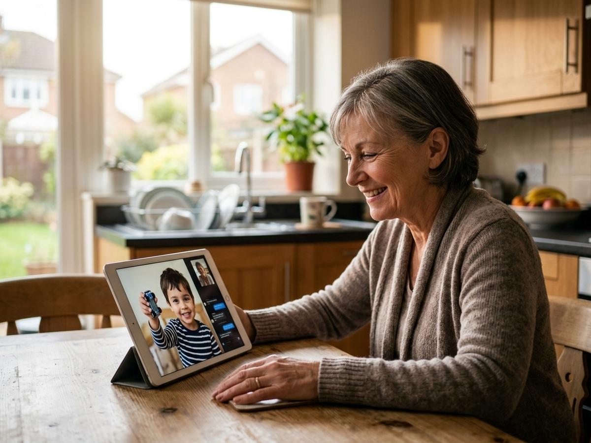 An older woman on a video call with her young grandson