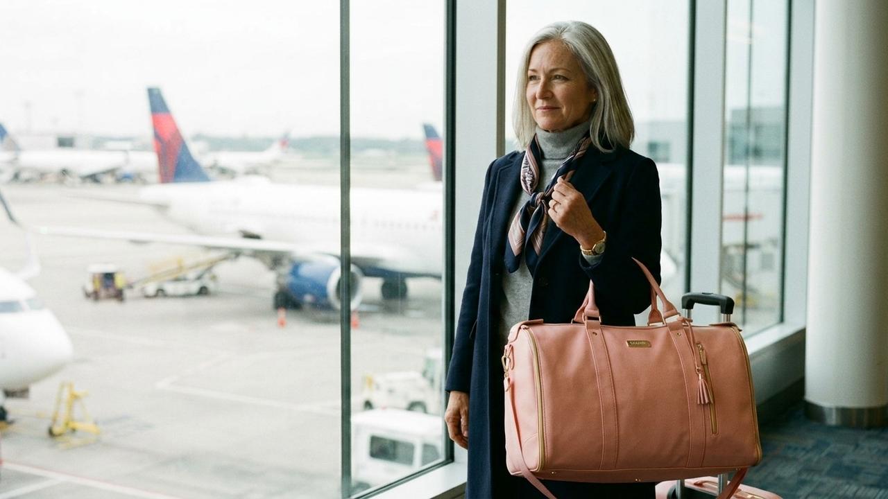 A poised woman in her late fifties standing with her Luhxe travel bag