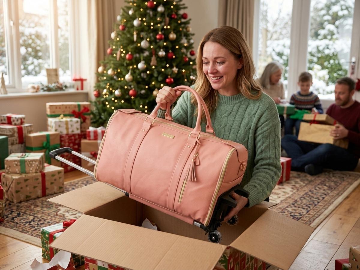 A woman opening a gift box with a Luhxe travel bag inside on Christmas morning