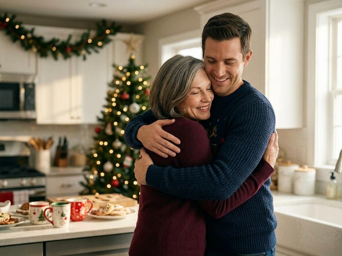 A grown son hugging his mother in the kitchen on Christmas day